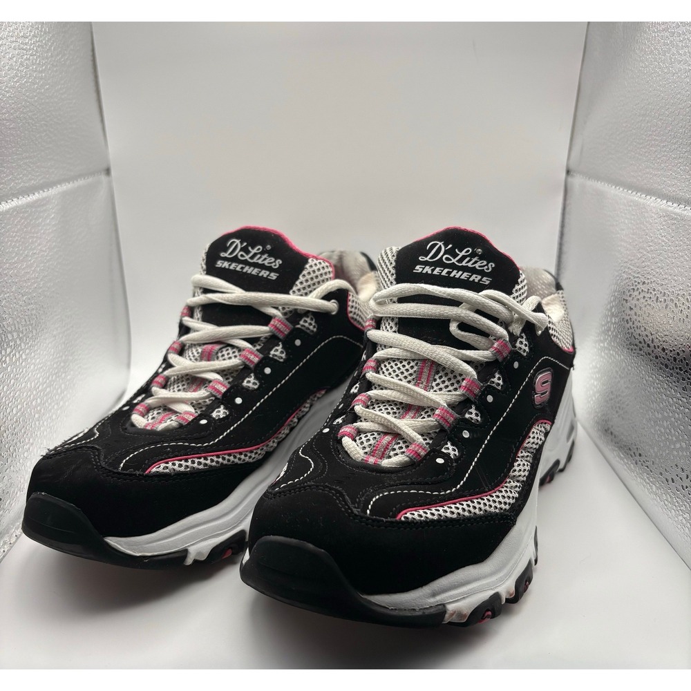 Skechers DLites Womens Sneakers Black Pink White Chunky Shoes 11860 Size 7